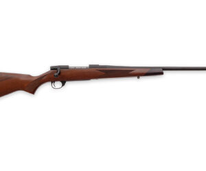 Bolt-action rifle with wooden stock and long metal barrel, shown from the side.