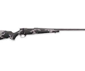 Camouflage-pattern bolt-action rifle shown in profile with a long barrel and wooden stock detailed in camo fabric.