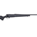 Black bolt-action hunting rifle shown in profile with a long barrel and synthetic stock.