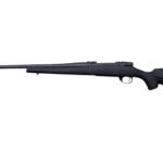 Bolt-action rifle with a long barrel and black synthetic stock on a white background.