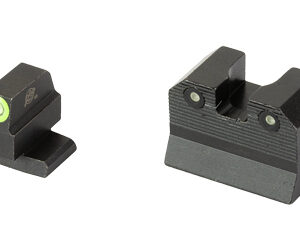 Pair of black iron firearm sights: the left front sight with a green fiber-optic insert, and the right rear sight with a notch for aiming.