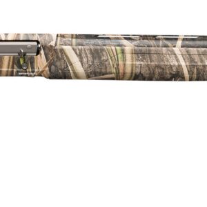 Camouflage-pattern hunting rifle with a long barrel and black butt pad, laid horizontally against a white background.