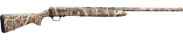 Camouflage-pattern hunting rifle with a long barrel and black butt pad, laid horizontally against a white background.