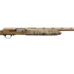 Bolt-action hunting rifle with a tan finish and camo-patterned stock and fore-end.