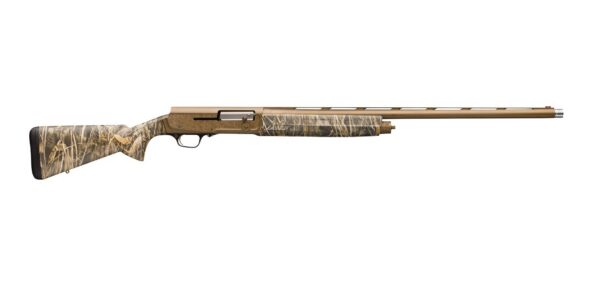 Bolt-action hunting rifle with a tan finish and camo-patterned stock and fore-end.