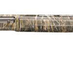 Camouflage hunting rifle with a long barrel and synthetic stock shown in profile on a white background