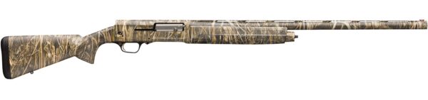 Camouflage hunting rifle with a long barrel and synthetic stock shown in profile on a white background