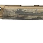 Desert camouflage sniper rifle laid horizontally with a long tan barrel and stock, featuring a camo fore-end and a metal receiver.