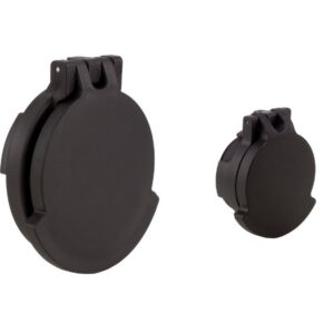Pair of black circular camera lens caps, large and small, with hinged locking clips on the top against a white background.