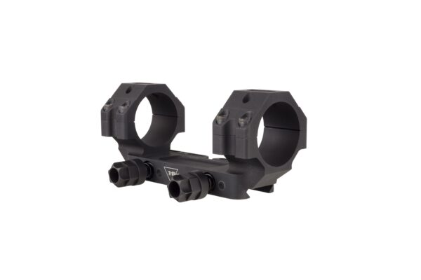 Black dual rifle scope ring mount with two rings and mounting screws for attaching a scope
