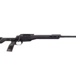 Long, black precision rifle in profile view, featuring a carbon-fiber-style stock and elongated barrel with muzzle brake.