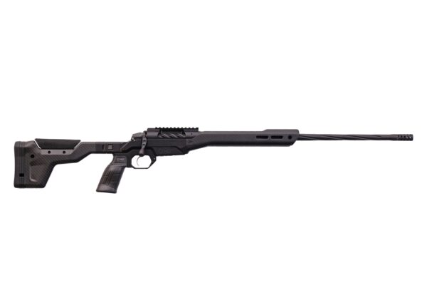 Long, black precision rifle in profile view, featuring a carbon-fiber-style stock and elongated barrel with muzzle brake.