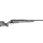 Camouflage-pattern bolt-action hunting rifle with a long barrel and synthetic stock photographed in profile