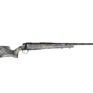 Camouflage-pattern bolt-action hunting rifle with a long barrel and synthetic stock photographed in profile