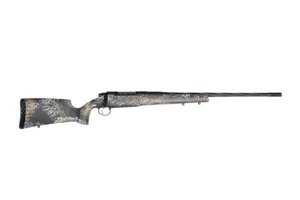Camouflage-pattern bolt-action hunting rifle with a long barrel and synthetic stock photographed in profile