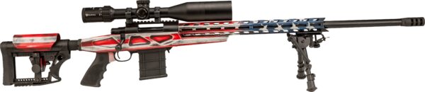 Long rifle with a mounted scope, red-and-white distressed finish, detachable magazine, and a bipod on a white background