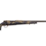 Bolt-action hunting rifle with tan-and-black camouflage, shown in profile on a white background.