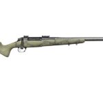 Bolt-action hunting rifle with an olive camo stock and long barrel, shown in profile.