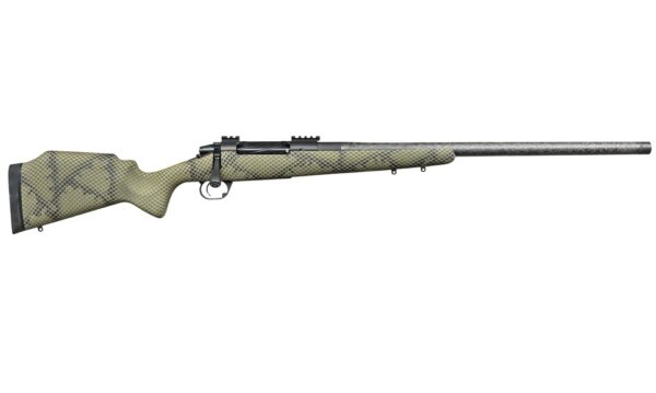 Bolt-action hunting rifle with an olive camo stock and long barrel, shown in profile.