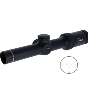 Black riflescope with adjustment knobs and Trijicon branding.