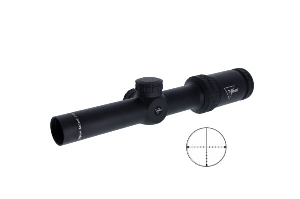 Black riflescope with adjustment knobs and Trijicon branding.