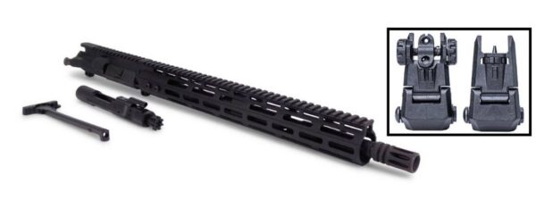 AR-15 style upper with a long modular handguard and muzzle device, plus attached small parts; inset shows two flip-up rear sights.