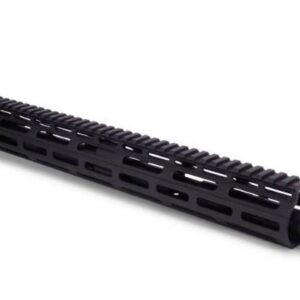AR-15 style rifle upper receiver with long quad-rail handguard and muzzle device; inset shows front and rear sights