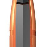Orange-cased lipstick with a dark gray bullet, shown from the top.