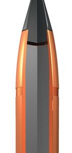 Orange-cased lipstick with a dark gray bullet, shown from the top.