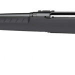 Black bolt-action rifle with a long barrel and black synthetic stock, shown in profile.