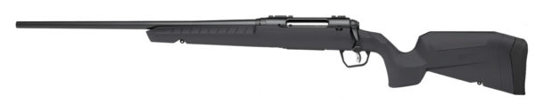 Black bolt-action rifle with a long barrel and black synthetic stock, shown in profile.