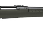 Bolt-action rifle with olive-green synthetic stock and long black barrel, viewed sideways.