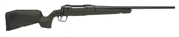 Bolt-action rifle with olive-green synthetic stock and long black barrel, viewed sideways.