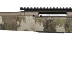 Bolt-action rifle with desert camouflage finish and a long barrel, isolated on white background.