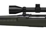 Bolt-action hunting rifle with a scope mounted on top, olive-green stock, shown in profile against a white background.