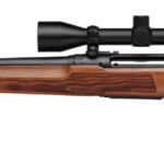 Bolt-action rifle with a wooden stock and scope mounted on top, shown side-on against a white background.