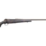 Camouflage-pattern hunting rifle with a long barrel on a white background.