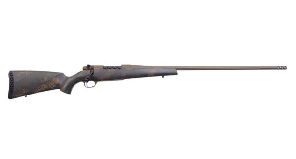 Long rifle with a camouflage-patterned stock and long barrel on a white background (no scope).