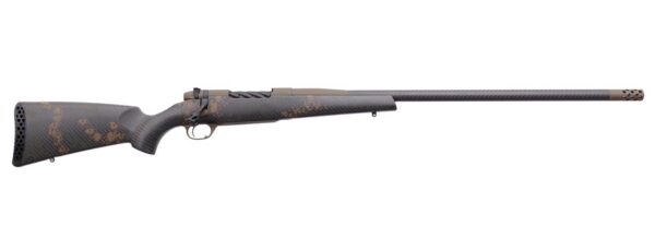 Camouflaged bolt-action rifle with a long carbon-fiber-style barrel and muzzle brake.