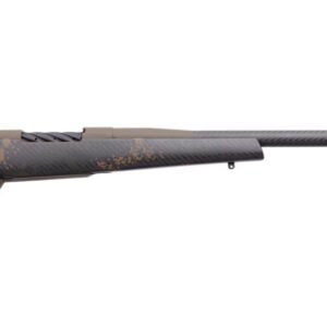 Camouflage-pattern bolt-action rifle with a long carbon-fiber barrel and muzzle brake, shown from the left side