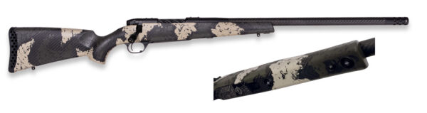 Camouflage-pattern bolt-action rifle with a long barrel, shown in side view, including a close-up of the stock and fore-end.