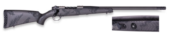 Camouflage-patterned bolt-action rifle shown from the left side with a scope rail and textured stock.