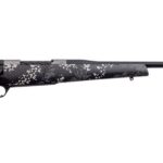 Bolt-action hunting rifle with a gray-black splatter camouflage finish and a long barrel laid horizontally on a white background