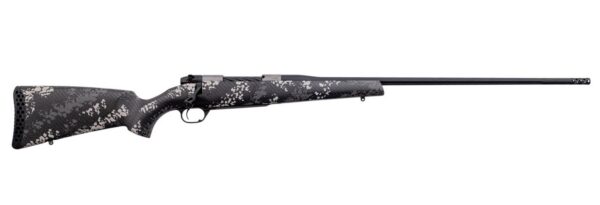 Bolt-action hunting rifle with a gray-black splatter camouflage finish and a long barrel laid horizontally on a white background