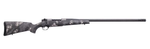 Bolt-action hunting rifle with a gray camouflage finish and long barrel shown from the left side