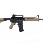 Two-tone assault rifle with tan stock and handguard, black receiver, shown on a white background.
