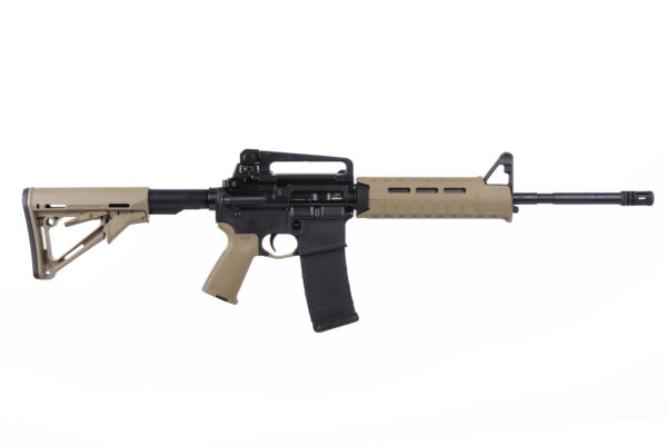 Two-tone assault rifle with tan stock and handguard, black receiver, shown on a white background.