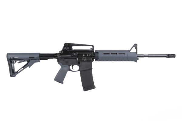 AR-15 style rifle with collapsible stock, gray handguard, and magazine inserted, photographed in profile against white background