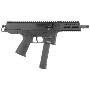 Black tactical rifle shown in profile with a long curved magazine and quad-rail fore-end.