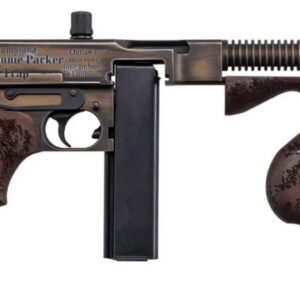Semi-automatic rifle with a wooden stock and grip, engraved decorative text and images along the stock and forend, and a long barrel with a suppressor-style muzzle device.